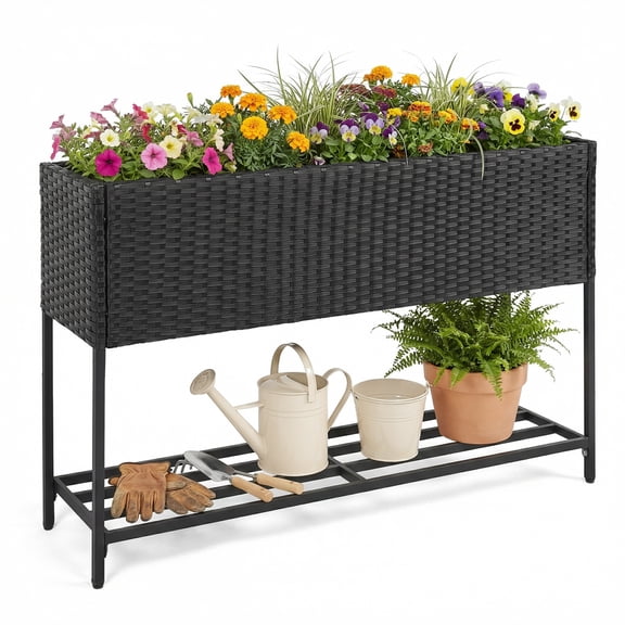 Gymax Elevated Planter Box Raised Garden Bed w/Rattan Surface Bottom Storage Shelf