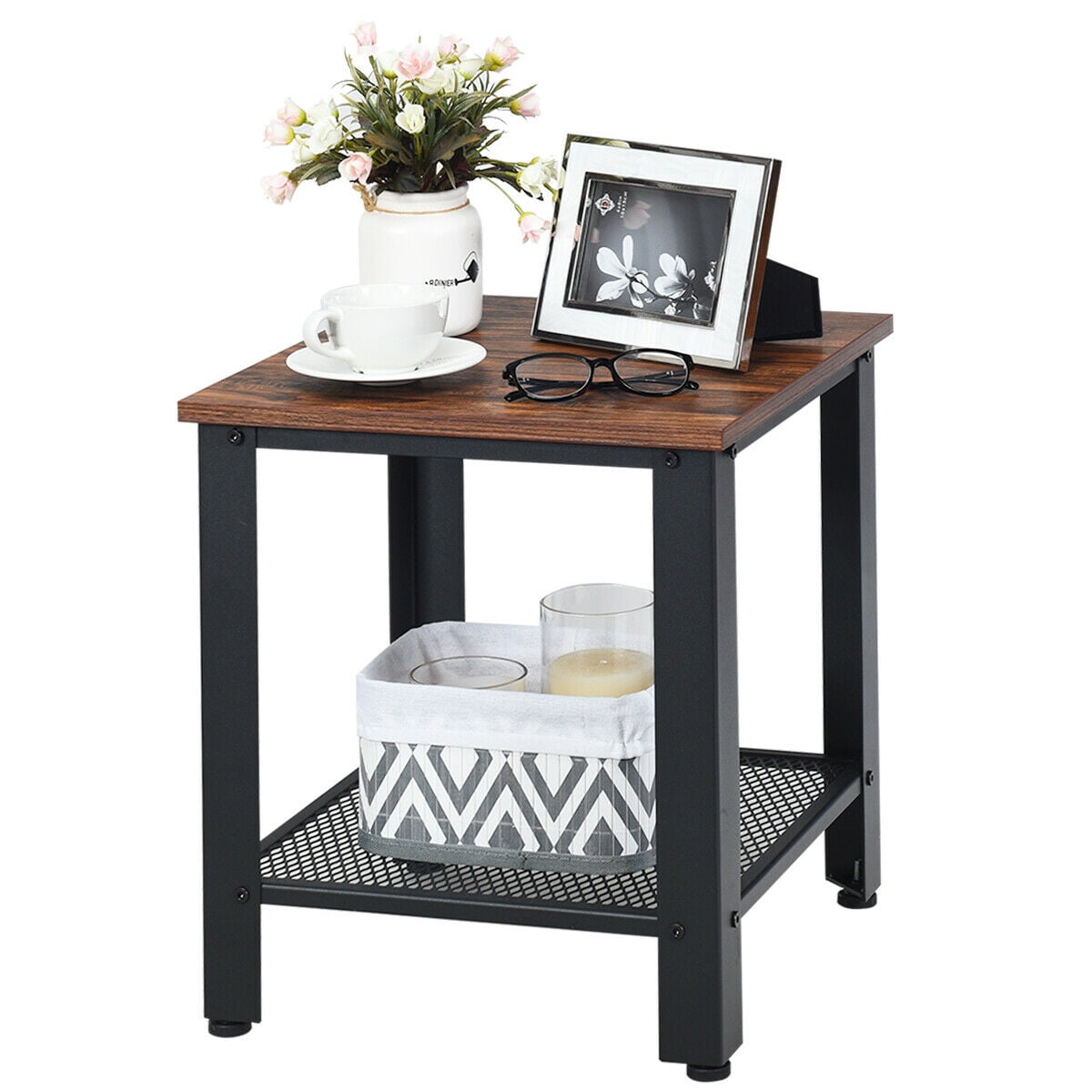 Gymax End Table with Storage Shelf, Black/Brown