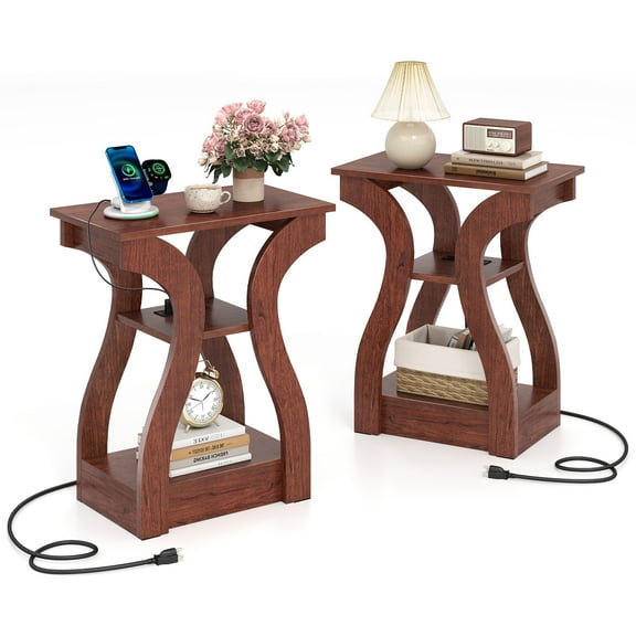 Gymax End Tables w/Charging Station Set of 2 3-Tier Side Tables w/USB Ports & Outlets Cherry