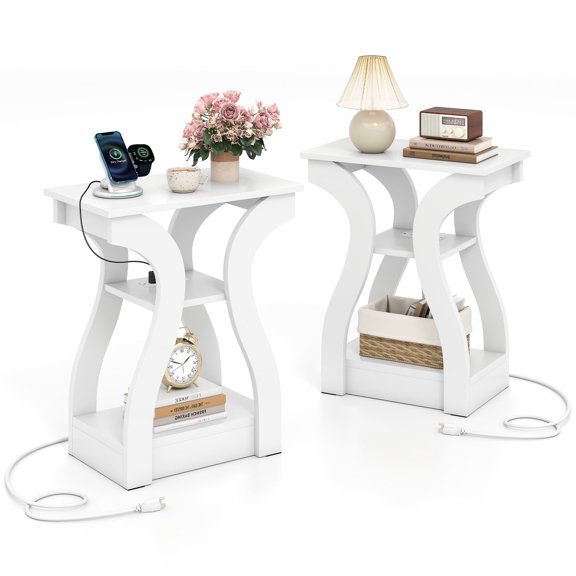 Gymax End Tables w/Charging Station Set of 2 3-Tier Side Tables w/USB Ports & Outlets White