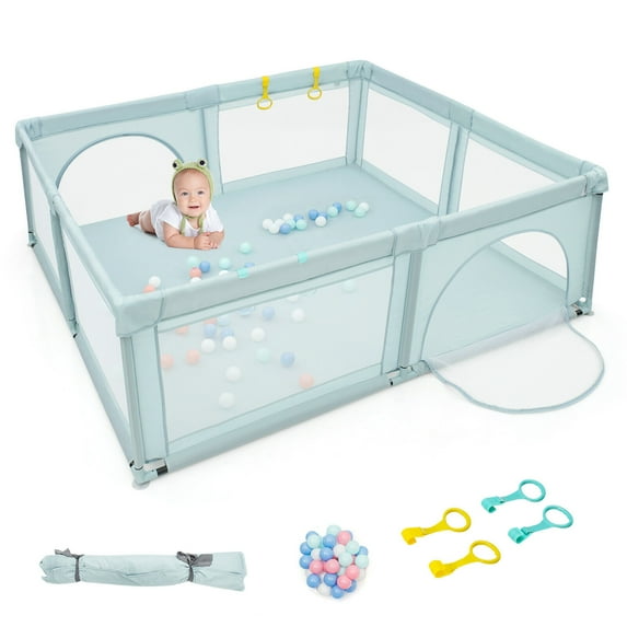 Gymax Extra Large Baby Playpen Safety Baby Play Yard w/ 50 Ocean Balls & 4 Handles Blue