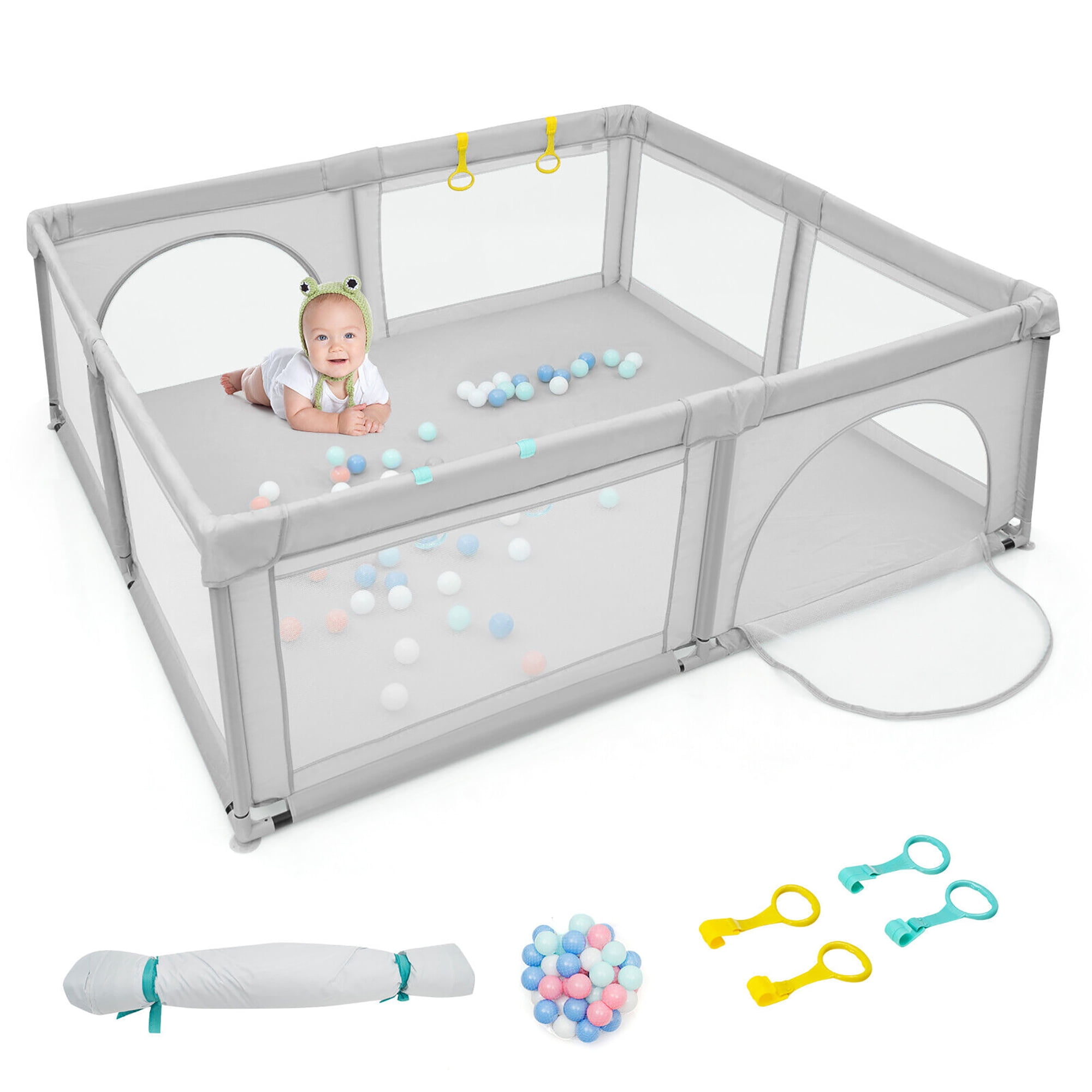 Gymax Extra Large Baby Playpen Safety Baby Play Yard w/ 50 Ocean Balls
