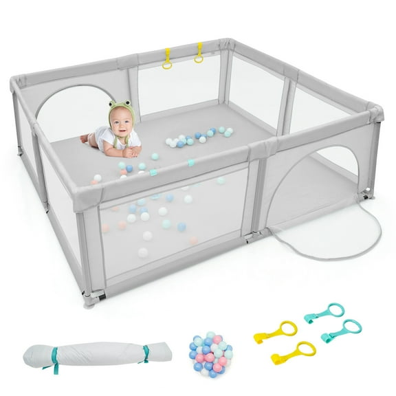 Gymax Extra Large Baby Playpen Safety Baby Play Yard w/ 50 Ocean Balls & 4 Handles Light Grey