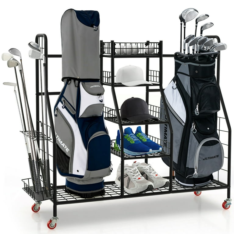Gymax Large Golf Bag & Club Holder Stand Rack with Extra Storage