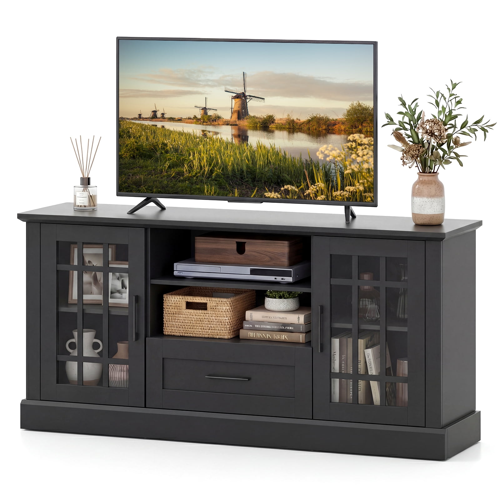 Gymax Farmhouse TV Stand for TVs up to 70'' Entertainment Media Center Storage Cabinet w/Glass Doors