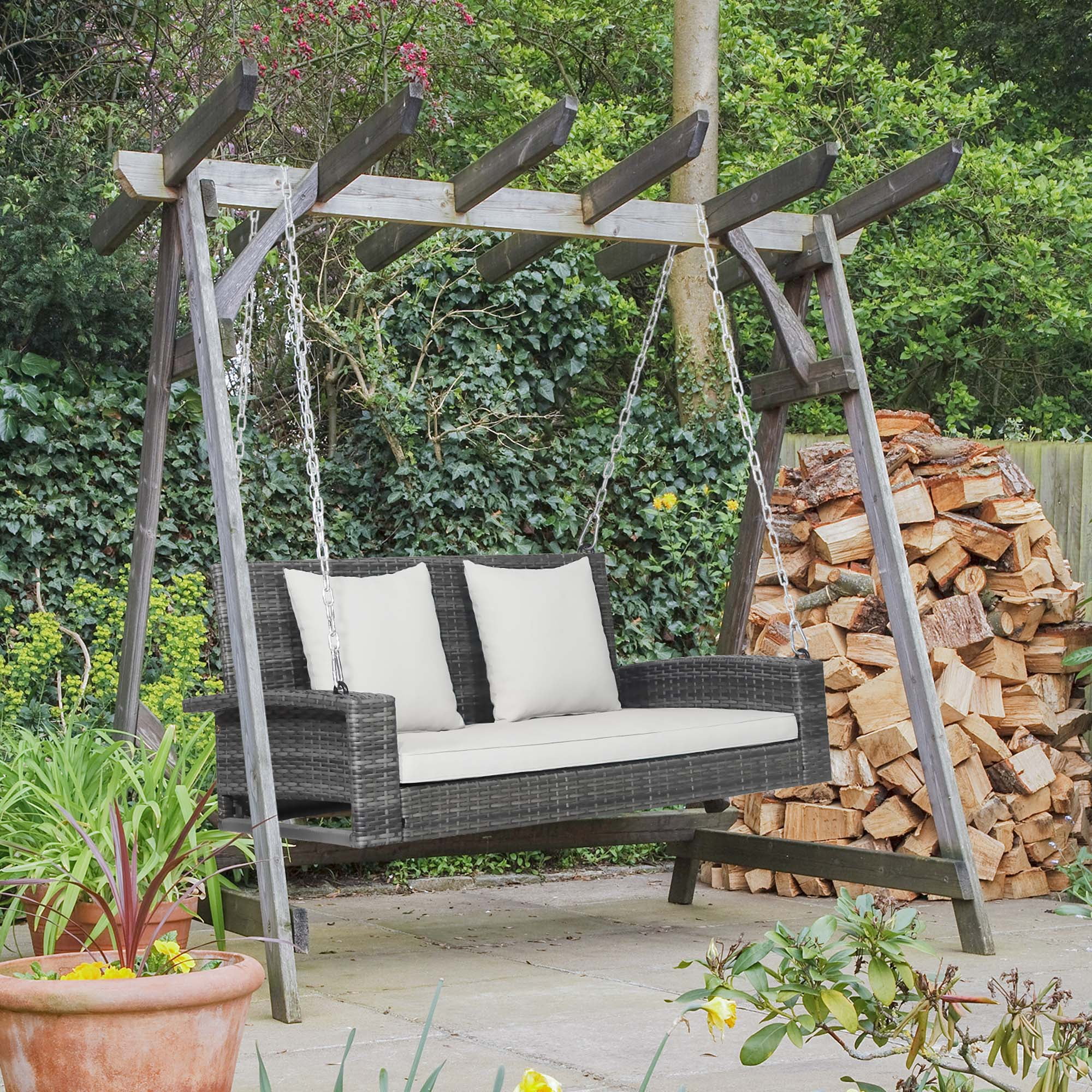 Gymax Fashion 2-Person Patio Hanging Porch Swing Rattan 800LBS Swing Bench w/ Off White Cushions