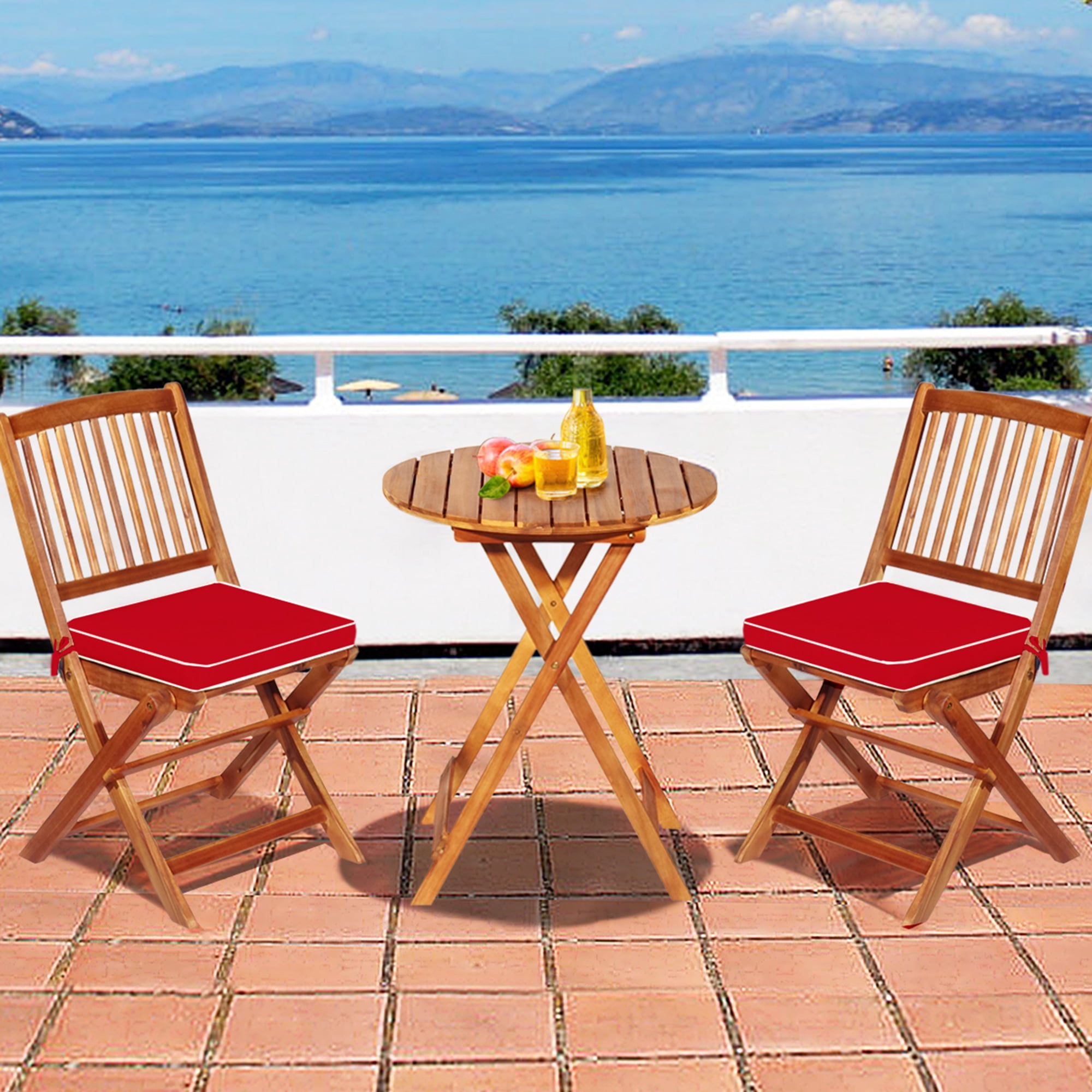 Gymax Fashion 3PCS Folding Acacia Wood Bistro Set Patio Conversation Set w/ Red Cushions