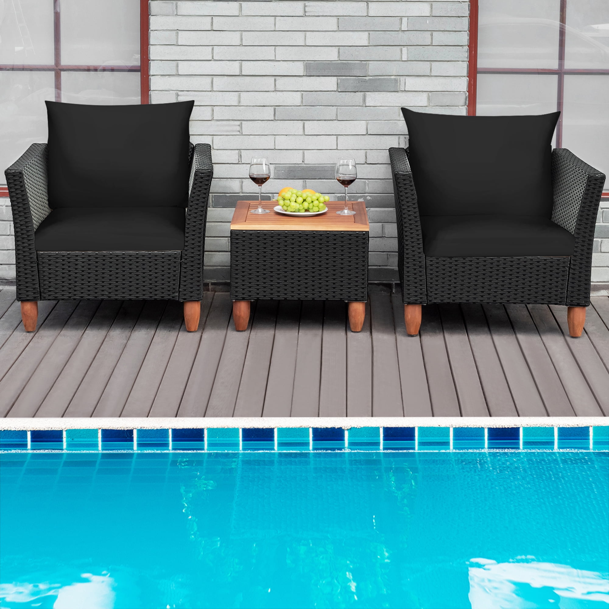 Gymax Fashion 3PCS Patio Rattan Conversation Furniture Set Yard Outdoor w/ Black Cushions