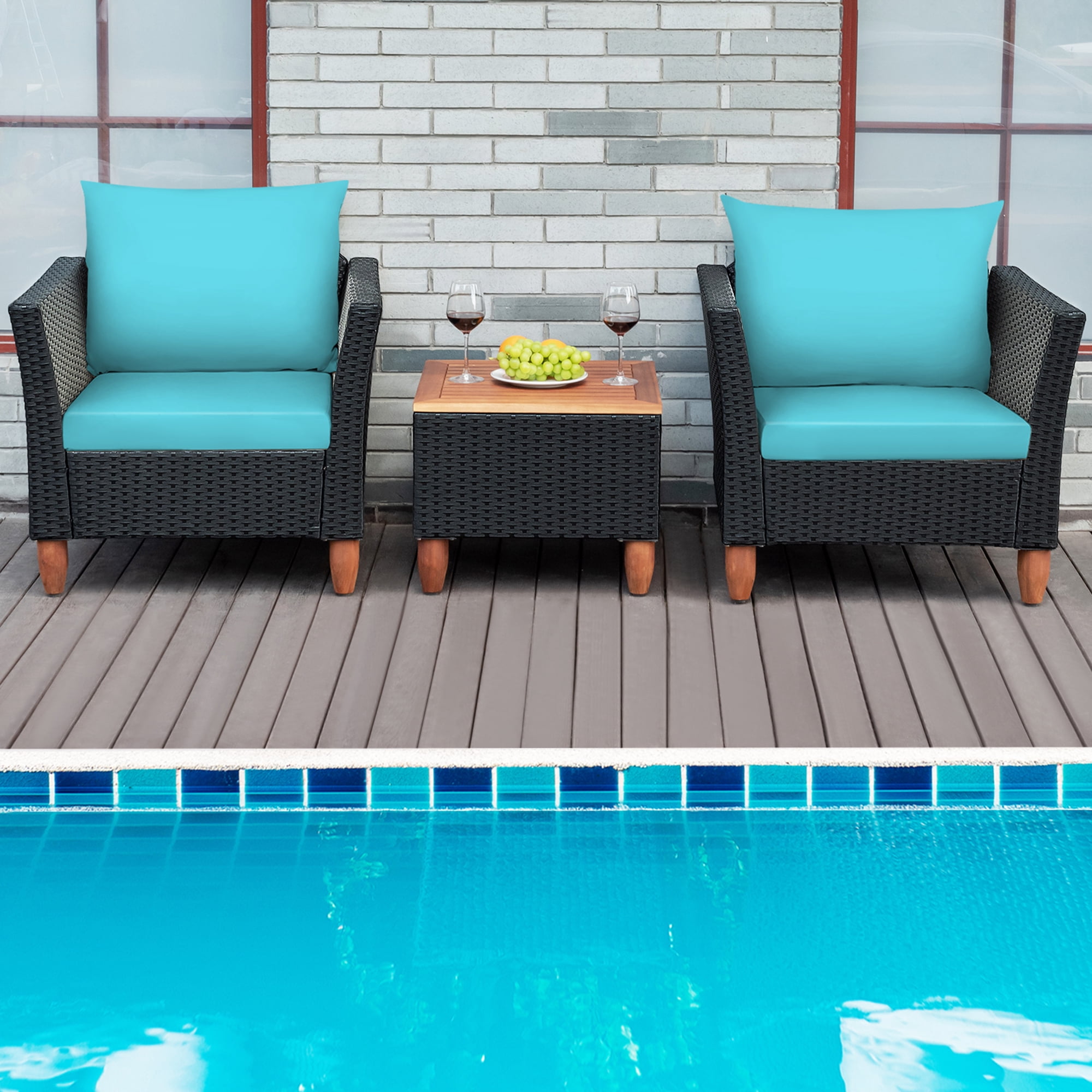 Gymax Fashion 3PCS Patio Rattan Conversation Furniture Set Yard Outdoor w/ Turquoise Cushions