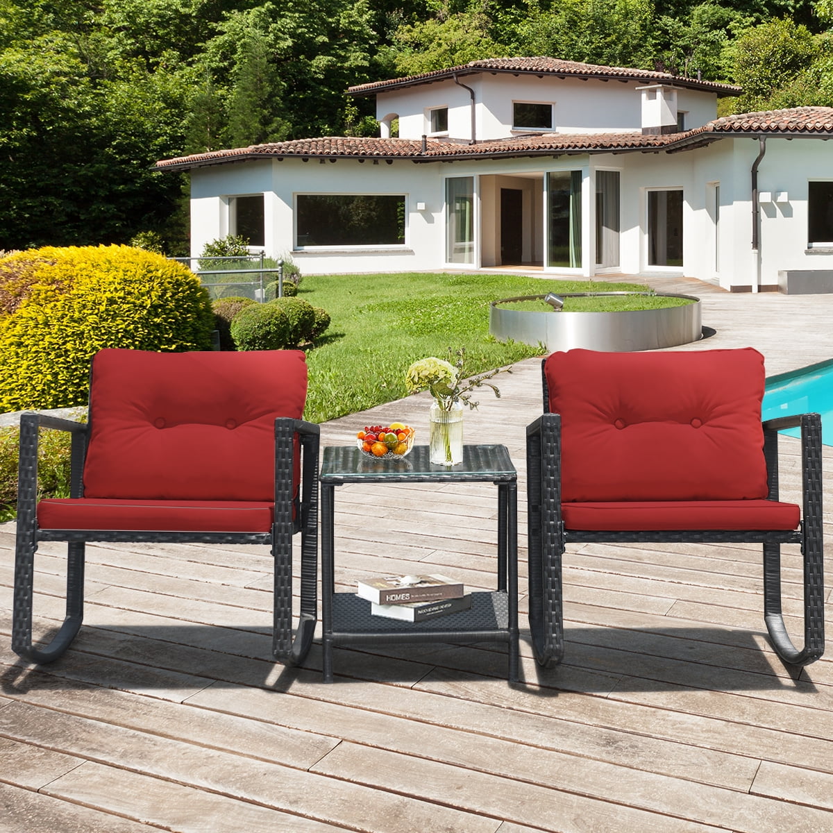 Gymax Fashion 3PCS Rattan Rocking Chair Table Set Patio Furniture Set w/ Burgundy Cushions