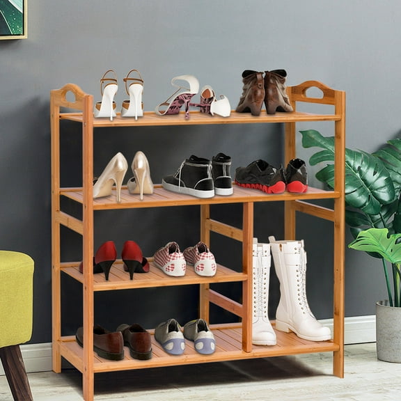 Gymax Fashion 4 Tier Multifunction Bamboo Shoe Rack Boot Tower Shelf Storage Organizer Stand