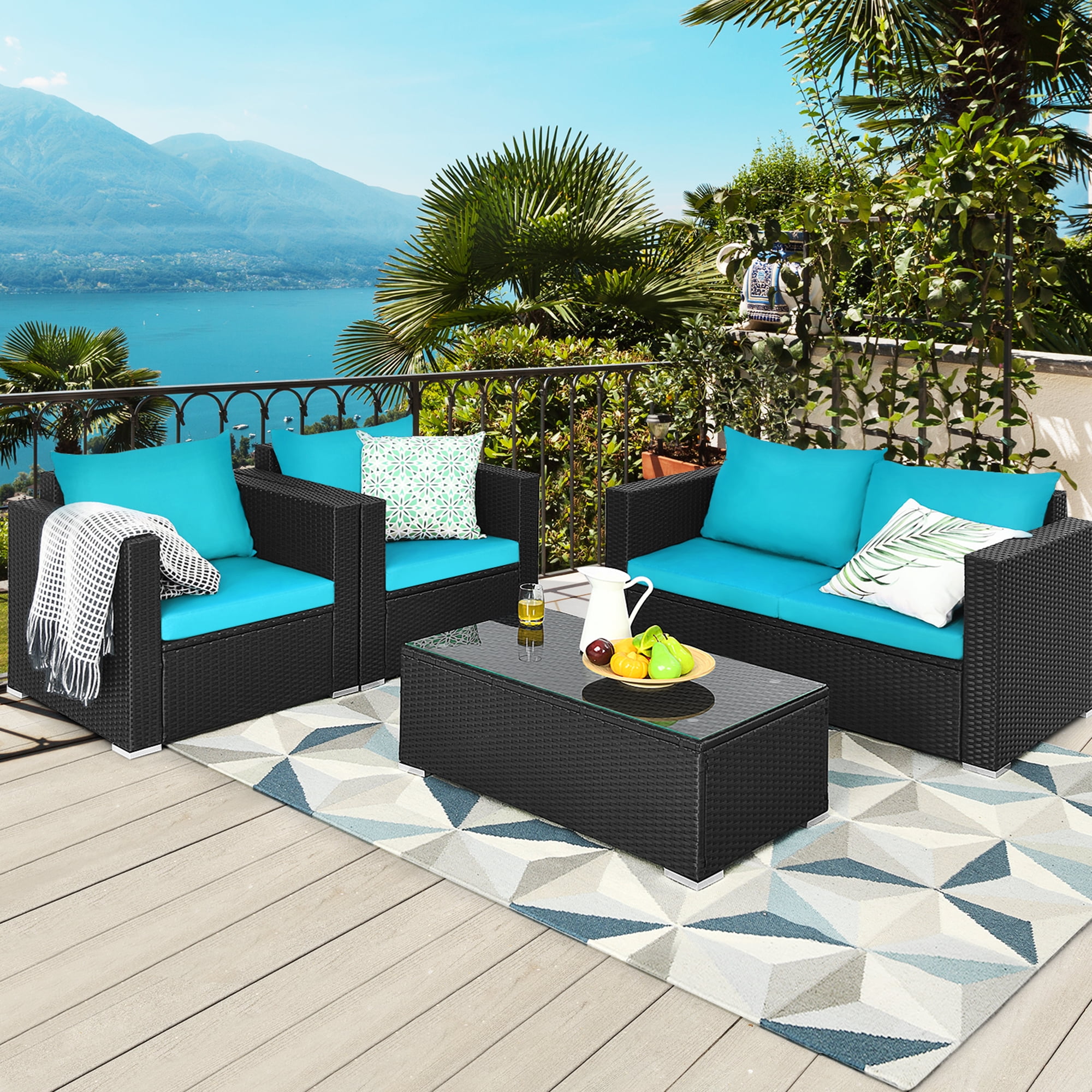 Gymax Fashion 4PC Rattan Patio Furniture Set Outdoor Wicker With Turquoise Cushion