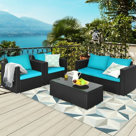 Gymax Fashion 4PC Rattan Patio Furniture Set Outdoor Wicker With Turquoise Cushion