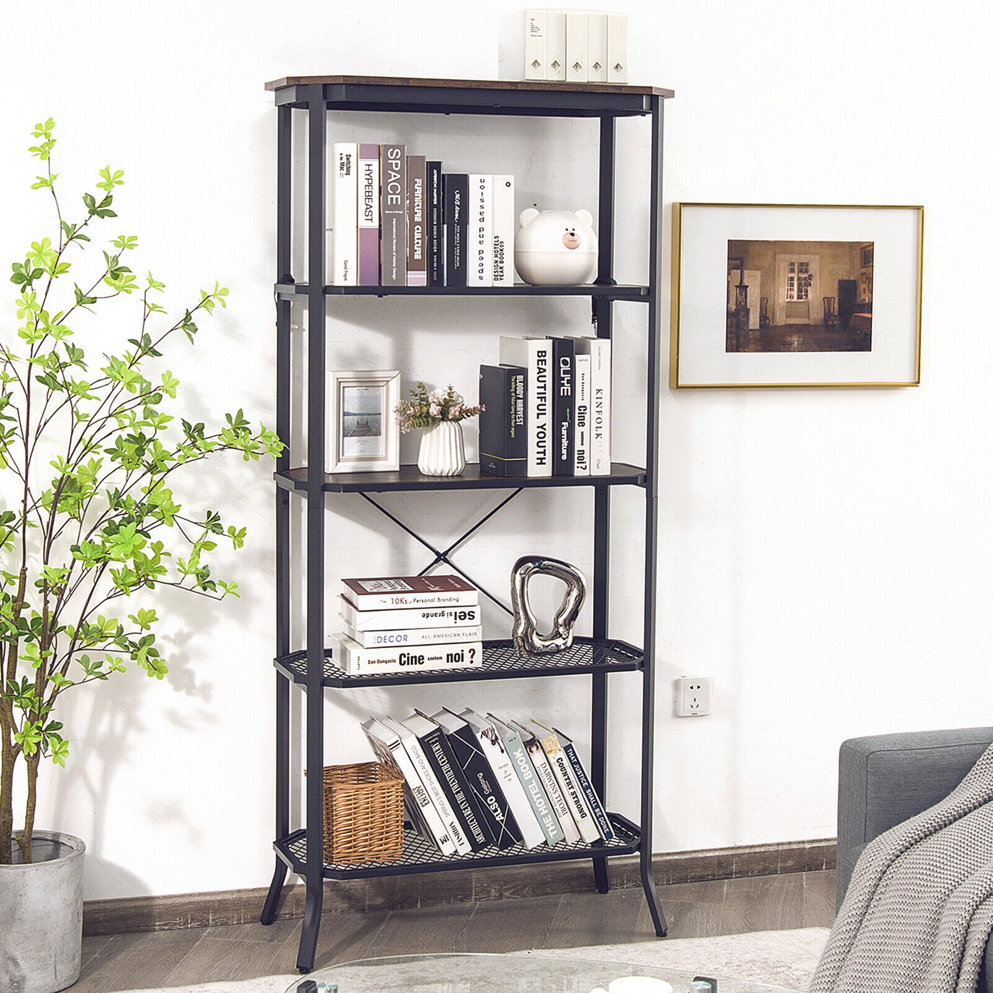 Gymax Fashion 5 Tier Bookshelf Standing Storage Shelf Unit for Kitchen Living Room Office