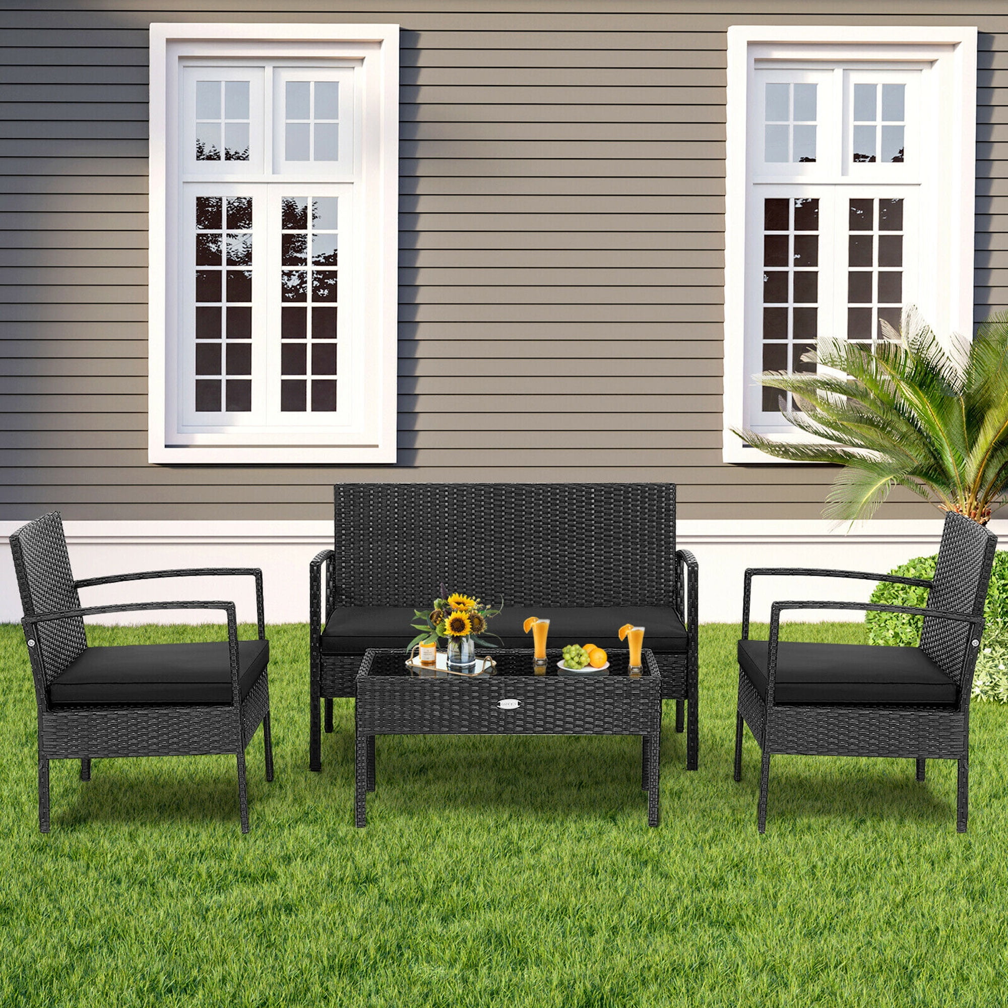 Gymax Fashion 8PCS Rattan Patio Conversation Set Outdoor Wicker Furniture Set w/ Cushions