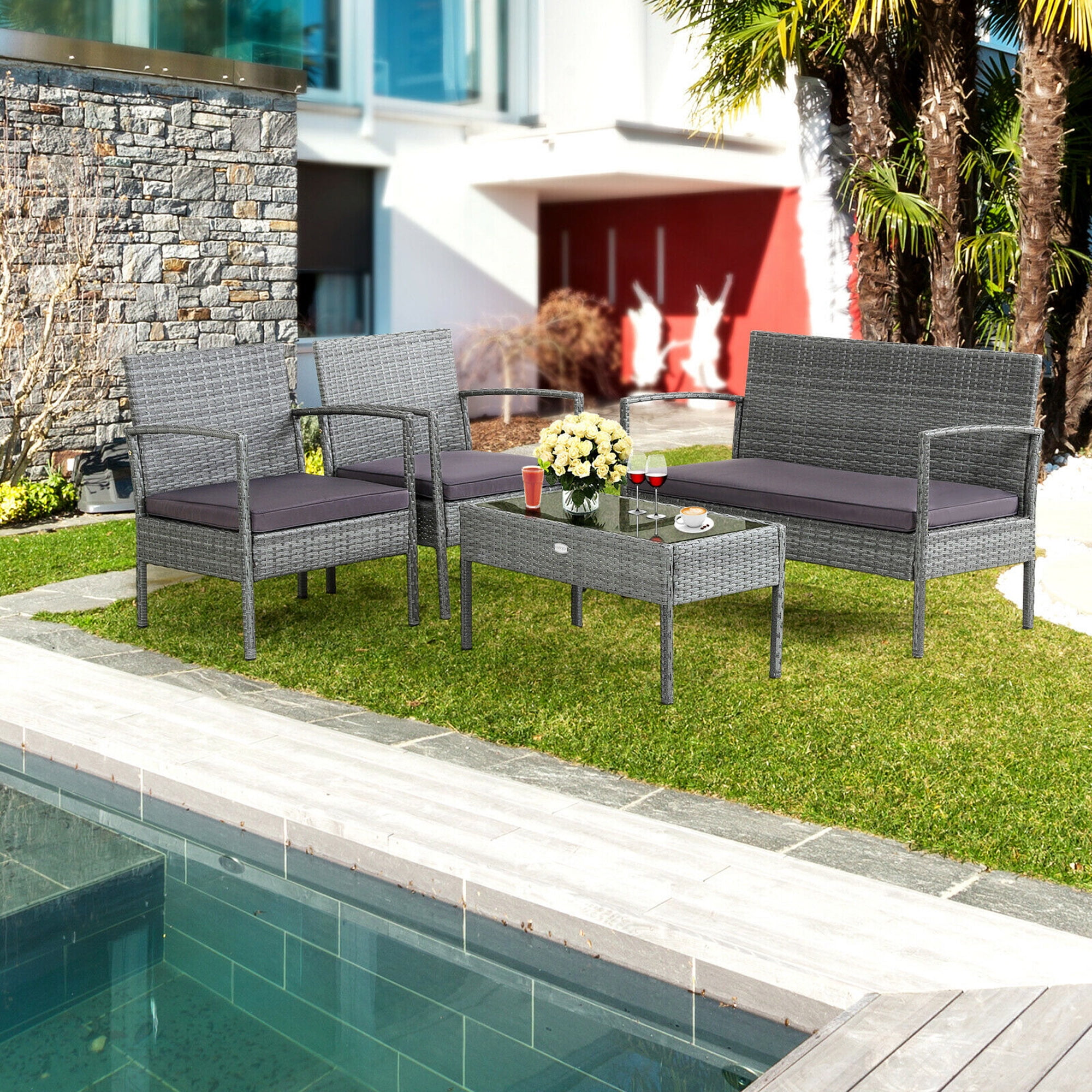 Gymax Fashion 8PCS Rattan Patio Furniture Set Outdoor Wicker Conversation Set w/ Cushions
