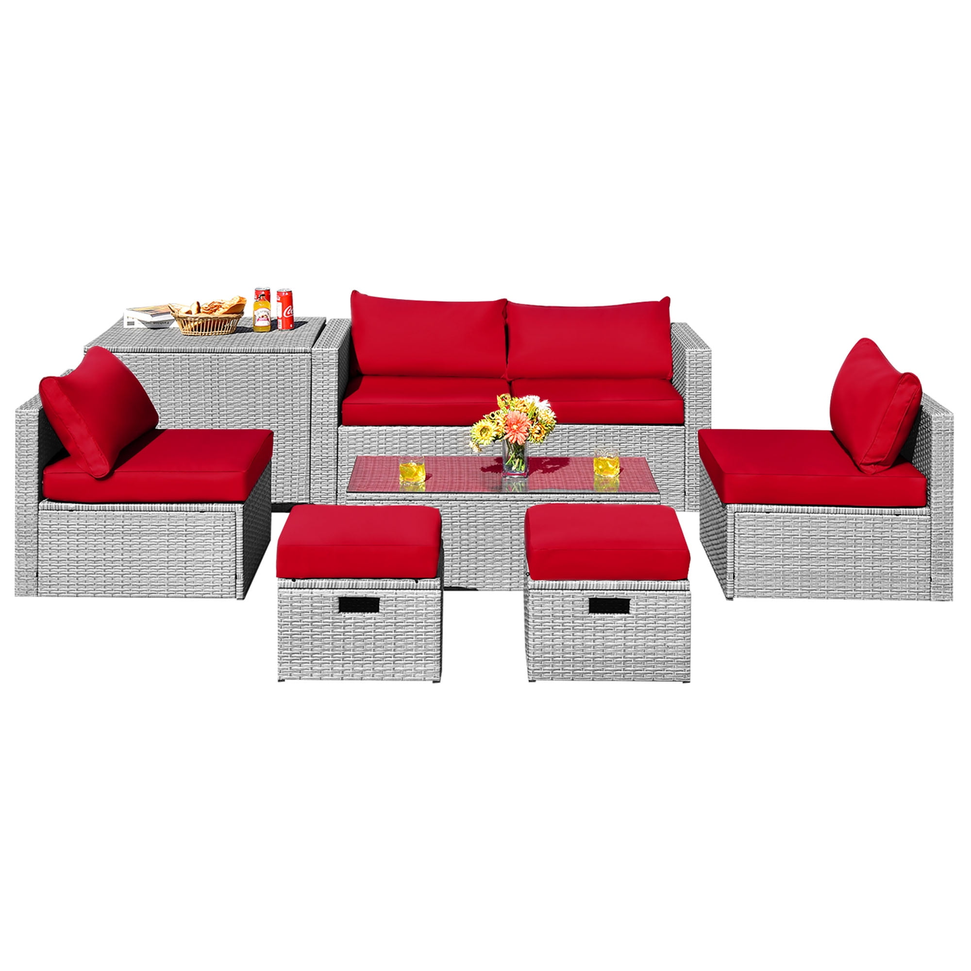 8-Piece Gray Rattan Patio Set with Red Cushions and Storage