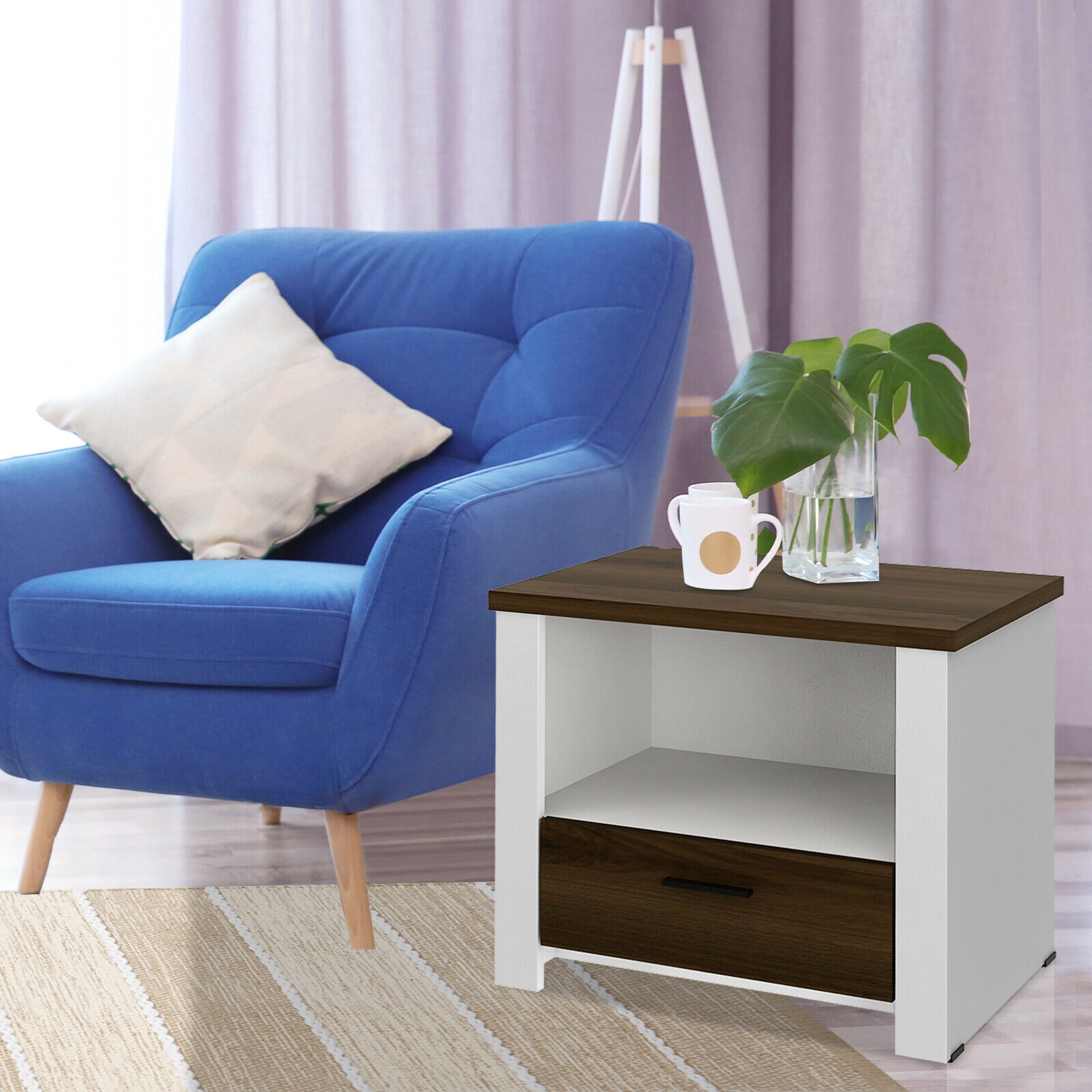 Gymax Fashion Accent Nightstand with Drawer and Open Shelf Sofa End Table Bedroom Living Room