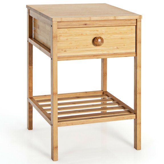 Gymax Fashion Bamboo Nightstand Natural Side End Table w/Drawer for Living Room Bedroom