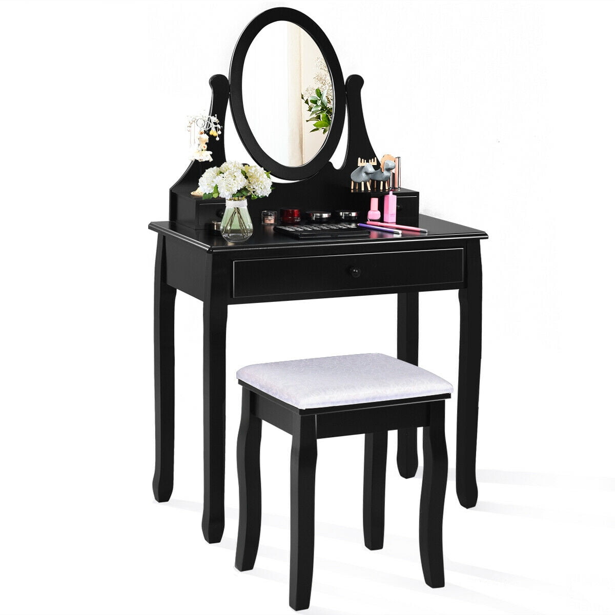 Gymax Fashion Bedroom Wooden Mirrored Makeup Vanity Set Stool Table Set Black