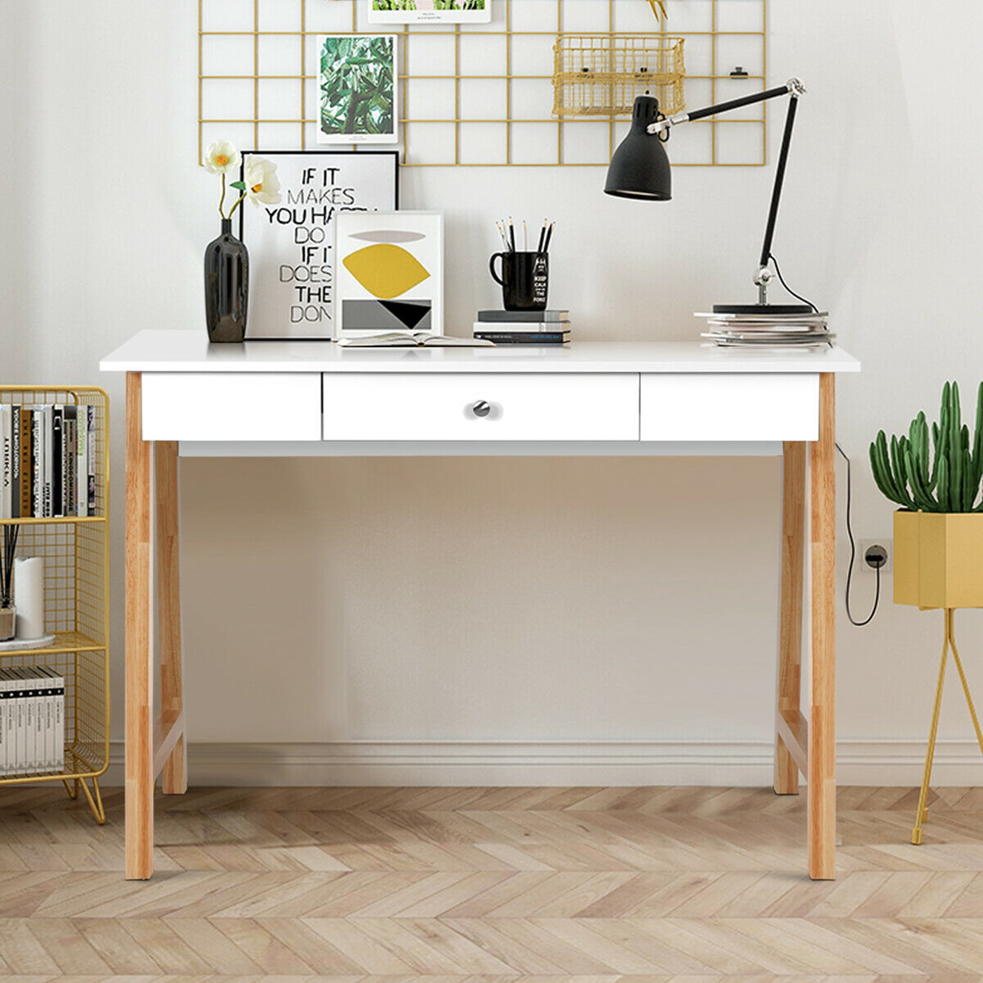 Gymax Fashion Computer Desk Laptop PC Writing Table Makeup Vanity Table w/Drawer and Wood Legs