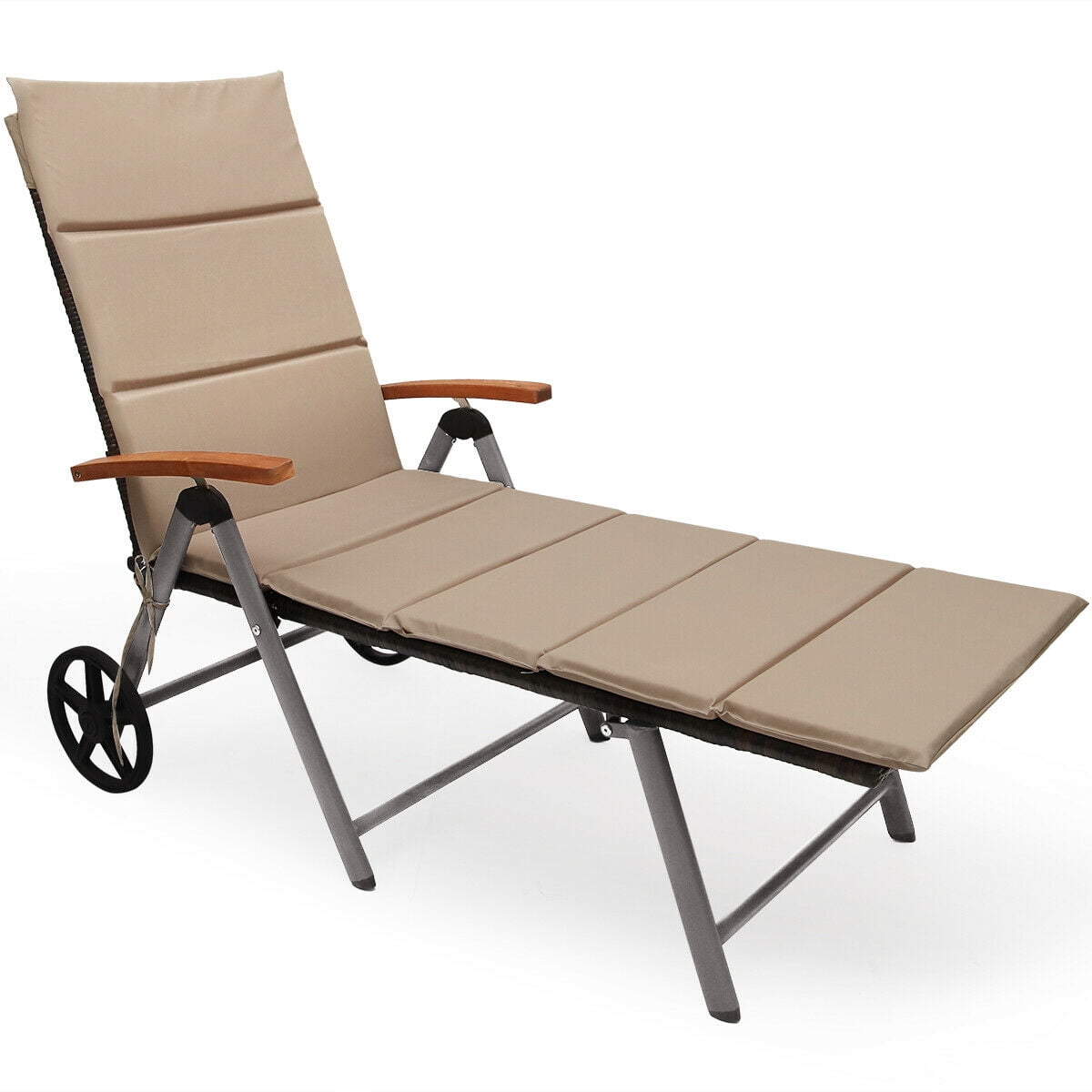 Gymax Fashion Folding Patio Rattan Lounge Chair Chaise Cushioned Aluminum Adjust Wheel