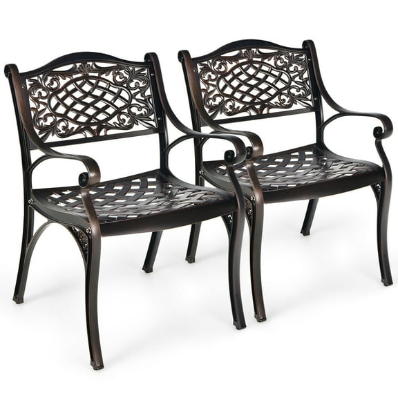 Gymax Fashion Set of 2 Outdoor Dining Chairs Cast Aluminum Patio Bistro Chairs Armchairs