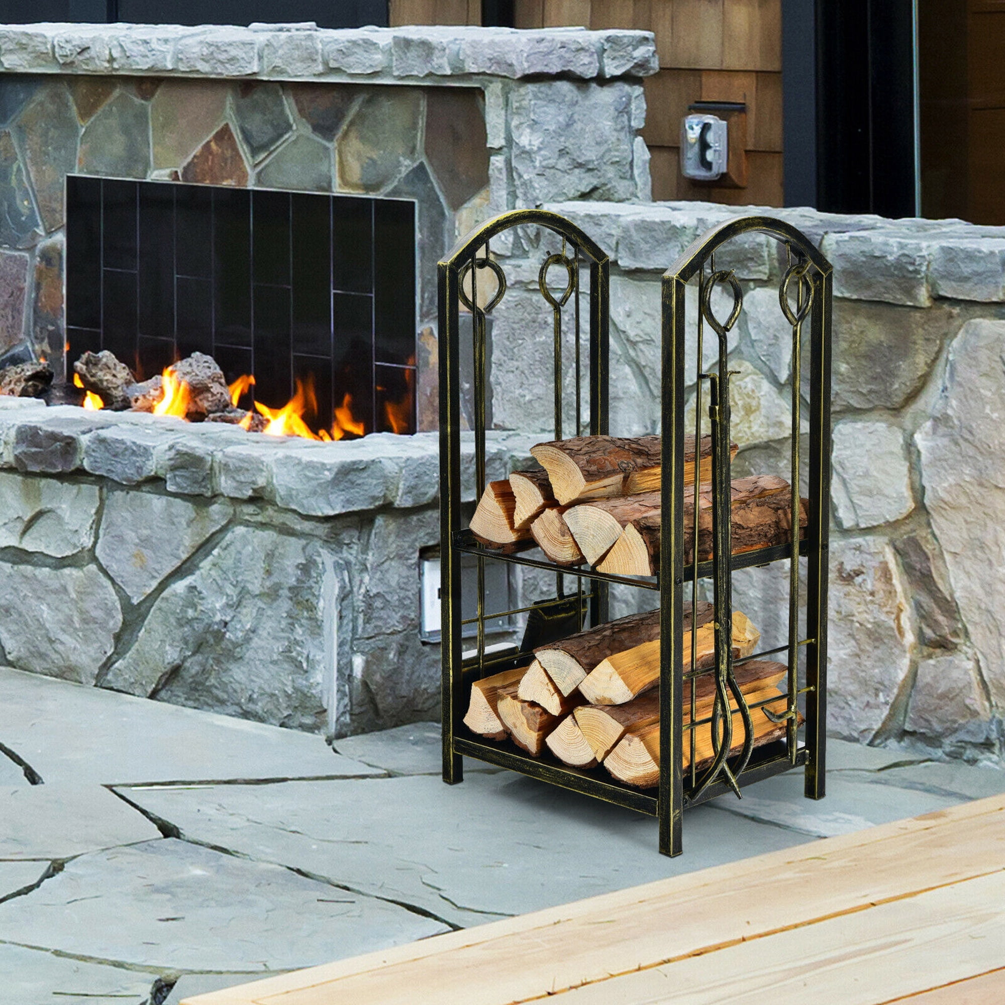 Gymax Fireside Firewood Holders Fireplace Log Rack with 4 Tools Set Indoor  Bronze - Walmart.com