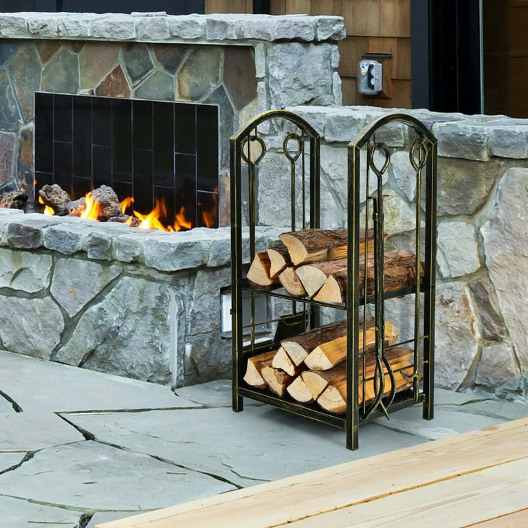 Indoor Firewood Rack with 4 Tools - Iron Fireplace Log Holder Storage Set Indoor Firewood Rack with 4 Tools - Iron Fireplace Log Holder Storage Set