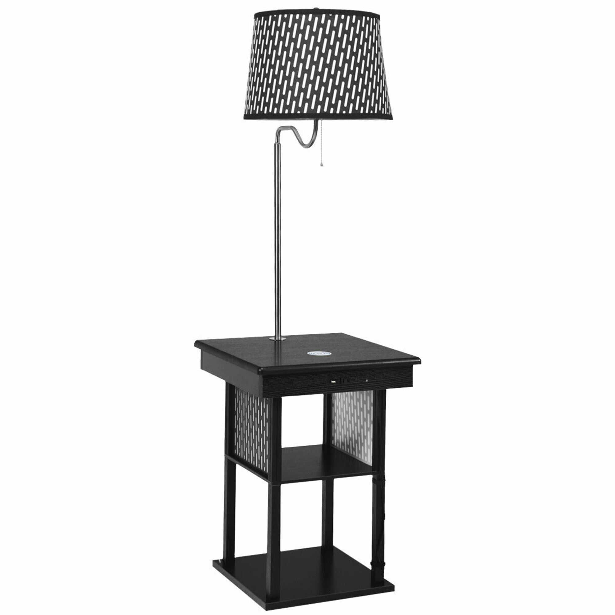 Gymax Floor Lamp End Table Modern Nightstand Bedside Desk w/ USB Charging Ports Shelves