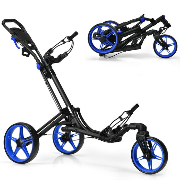Gymax 3 Wheels Foldable Golf Push Pull Cart Trolley w/ Adjustable Handle Brake Blue