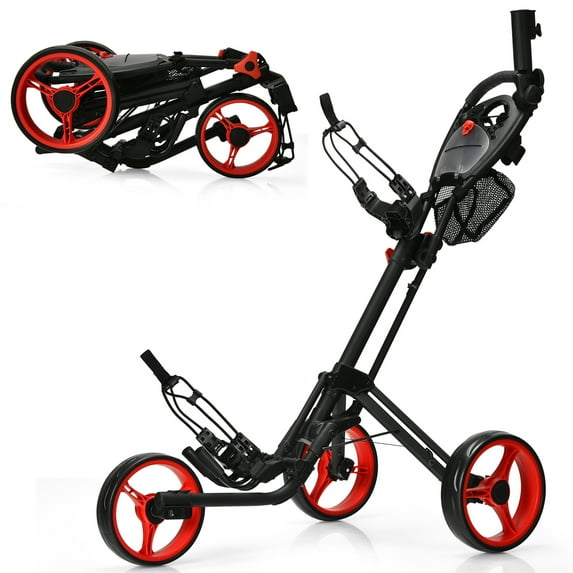 Gymax 3 Wheels Foldable Golf Push Pull Cart Trolley w/ Mesh Bag Foot Brake Red