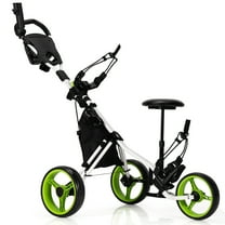 Gymax 3-Wheel Foldable Golf Push Pull Cart Trolley w/ Seat Adjustable Handle Green
