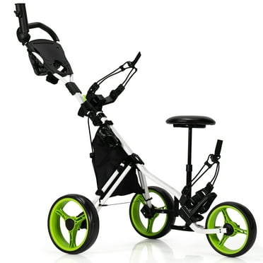 Gymax 3-Wheel Foldable Golf Push Pull Cart Trolley w/ Seat Adjustable Handle Green