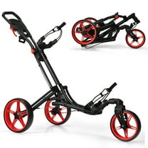 Gymax 3 Wheels Foldable Golf Push Pull Cart Trolley w/ Adjustable Handle Brake Red