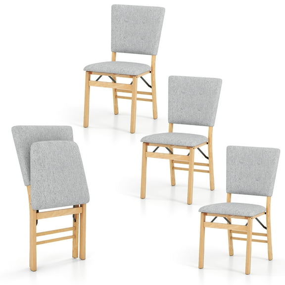 Gymax Foldable Dining Chair Set of 4 w/Padded Seat & Tilt Backrest Rubber Wood Legs Grey