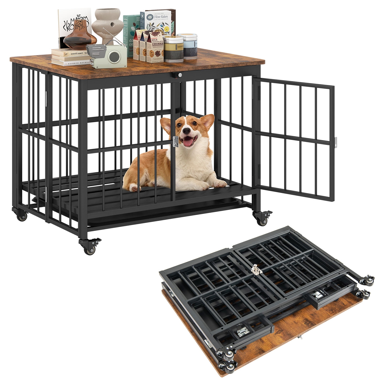 Gymax Foldable Dog Crate Furniture w/Removable Tray Lockable Door Lockable Wheels