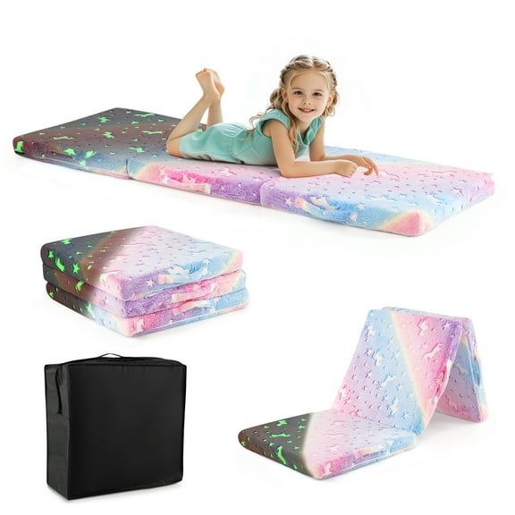 Gymax Foldable Floor Mattress for Kids Glow in the Dark Toddler Nap Mat Tri-Folding Colorful