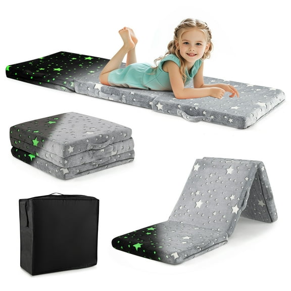 Gymax Foldable Floor Mattress for Kids Glow in the Dark Toddler Nap Mat Tri-Folding Grey