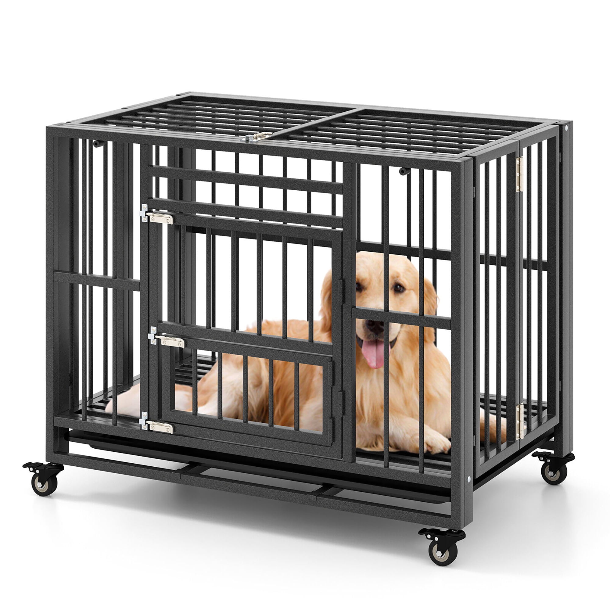 Heavy-Duty Black Metal Foldable Dog Cage with Wheels