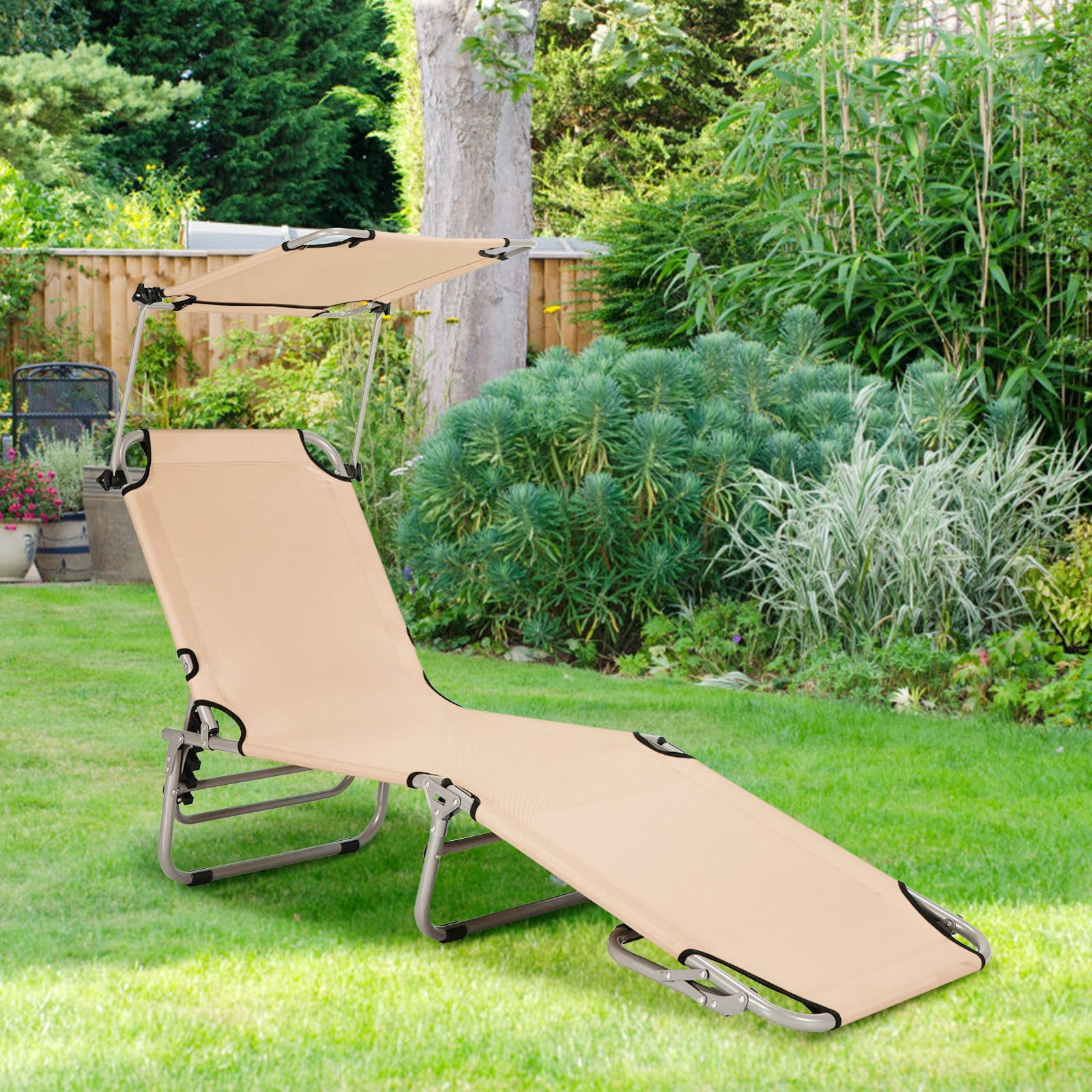 Gymax Foldable Lounge Chair Adjustable Outdoor Beach Patio Pool Recliner W Sun Shade