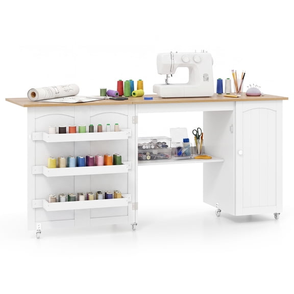 Gymax Foldable Sewing Table w/Wide Countertop Storage Shelves Door Cabinet Casters
