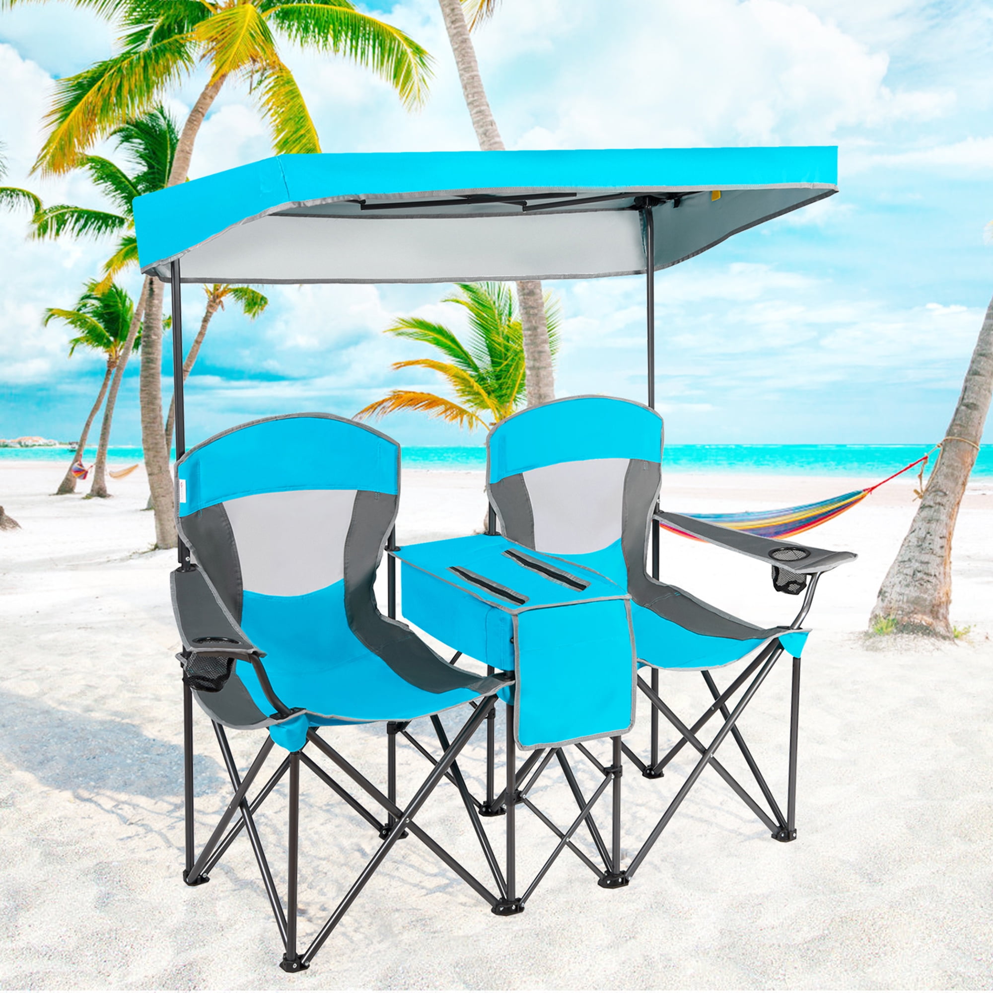 Gymax Folding 2person Camping Chairs Double Sunshade Chairs w/ Canopy