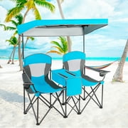 Gymax Folding 2-person Camping Chairs Double Sunshade Chairs w/ Canopy Blue