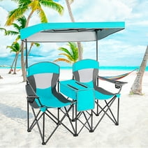 Gymax Folding 2-person Camping Chairs Double Sunshade Chairs w/ Canopy Turquoise