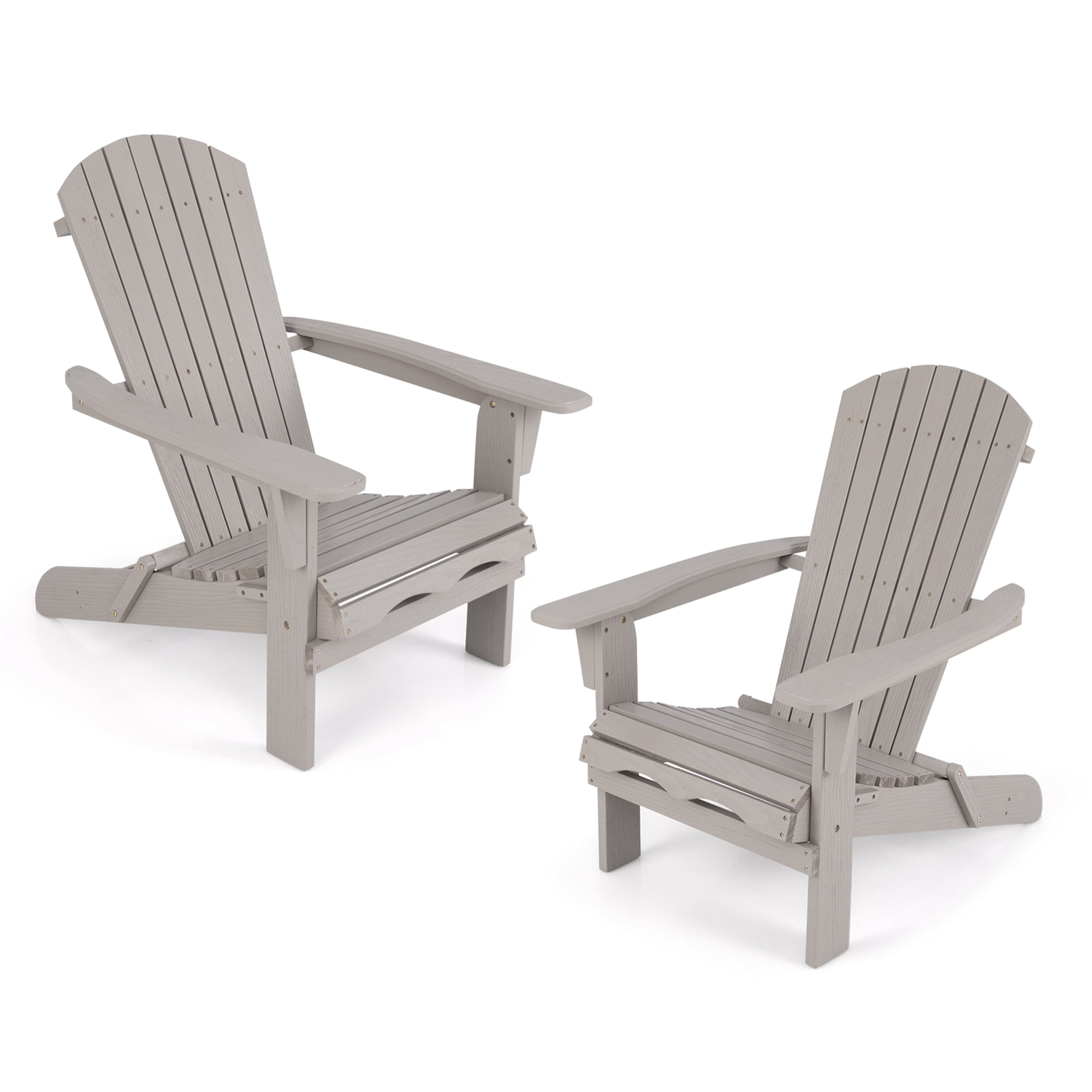 Gymax Folding Adirondack Chair Set of 2 w/ High Backrest & Wide Armrests Wooden Gray