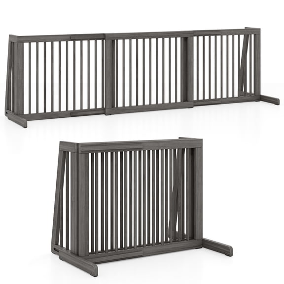 Gymax Folding Adjustable Free Standing 3 Panel Wood Pet Dog Slide Gate Safety Fence Gray