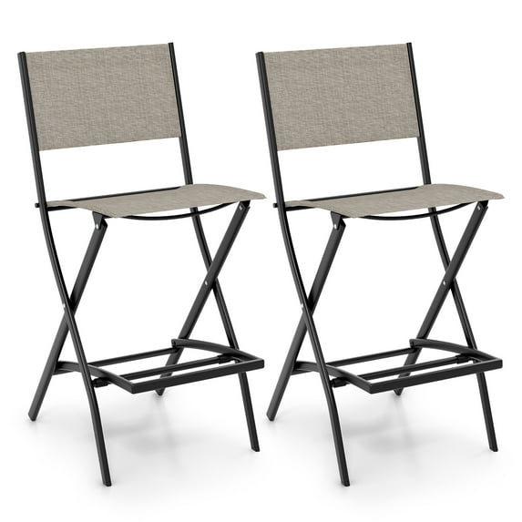Gymax Folding Bar Stools Set of 2 Patio Sling Chairs w/ Backrest Humanized Footrest Coffee