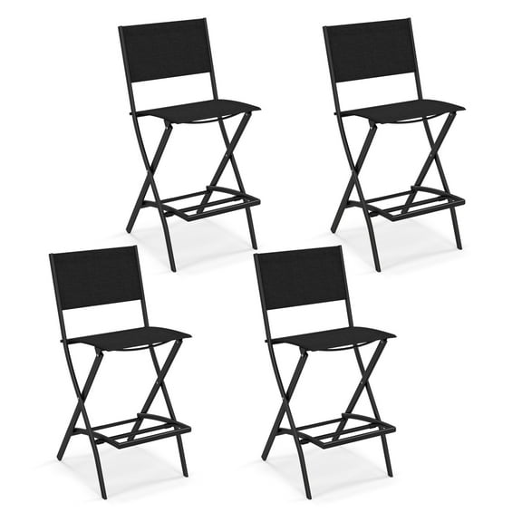 Gymax Folding Bar Stools Set of 4 Patio Sling Chairs w/ Backrest Humanized Footrest Black