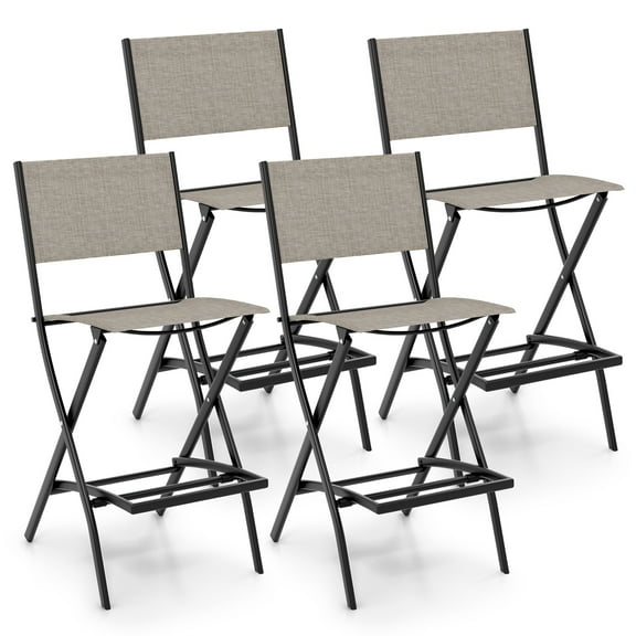 Gymax Folding Bar Stools Set of 4 Patio Sling Chairs w/ Backrest Humanized Footrest Coffee